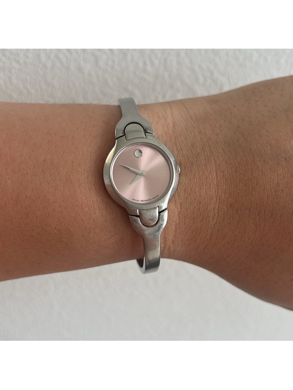 Movado Silver Bangle Watch with Pink Sunburst Dial
